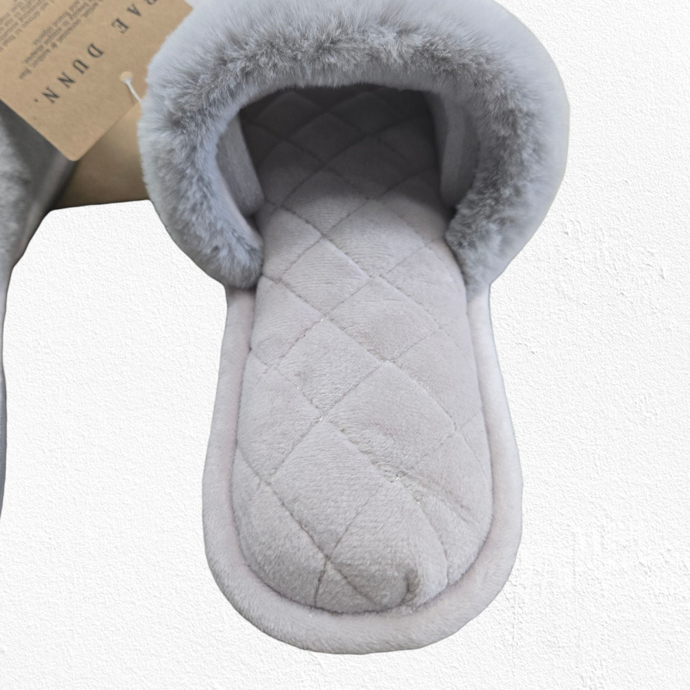 Rae Dunn Be Kind Slippers Gray Faux Fur Quilted Slide House Shoes Size Small 5-6 - Picture 4 of 11